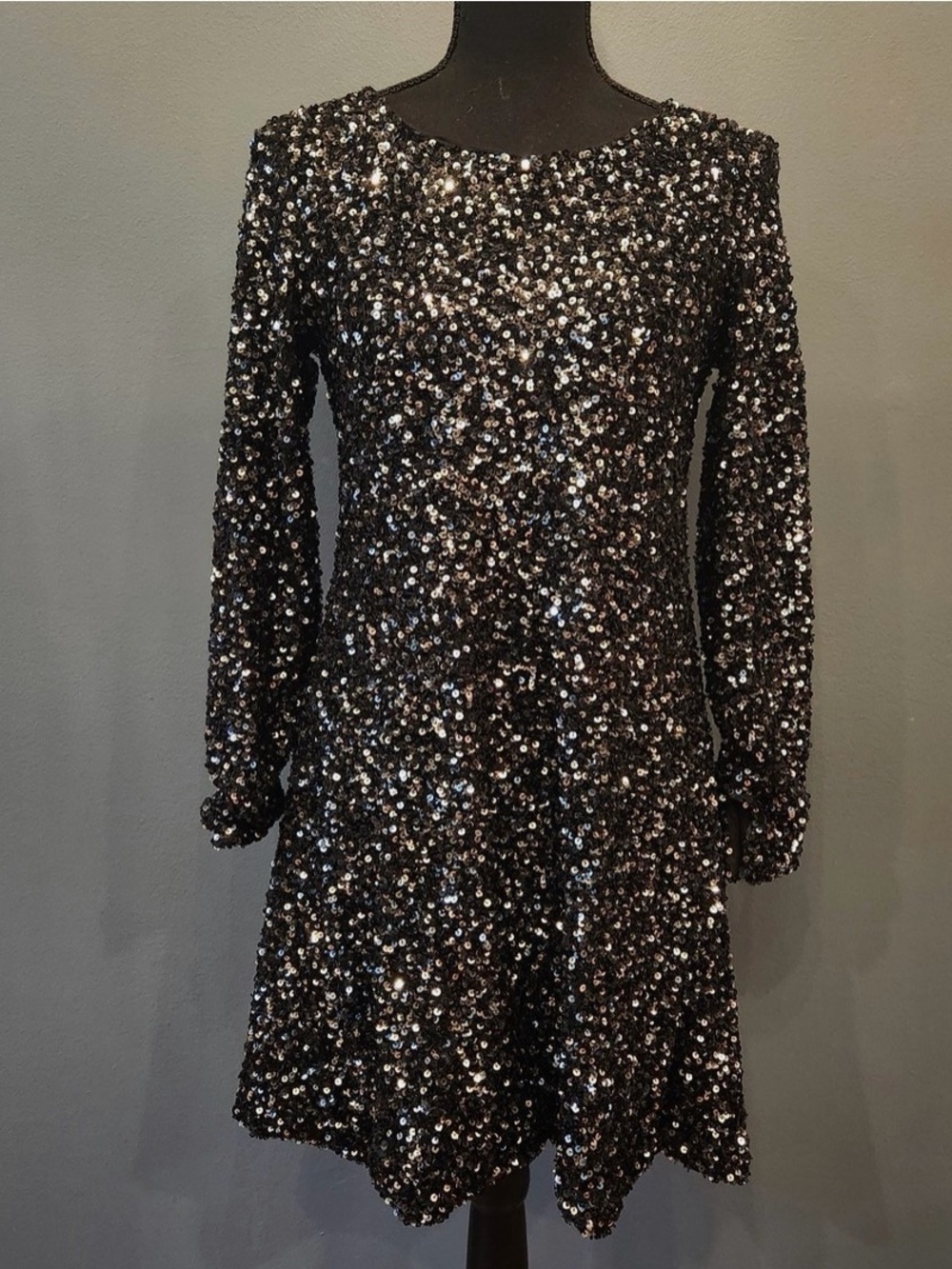 GAP Black Sequin Long-Sleeve A-Line Dress